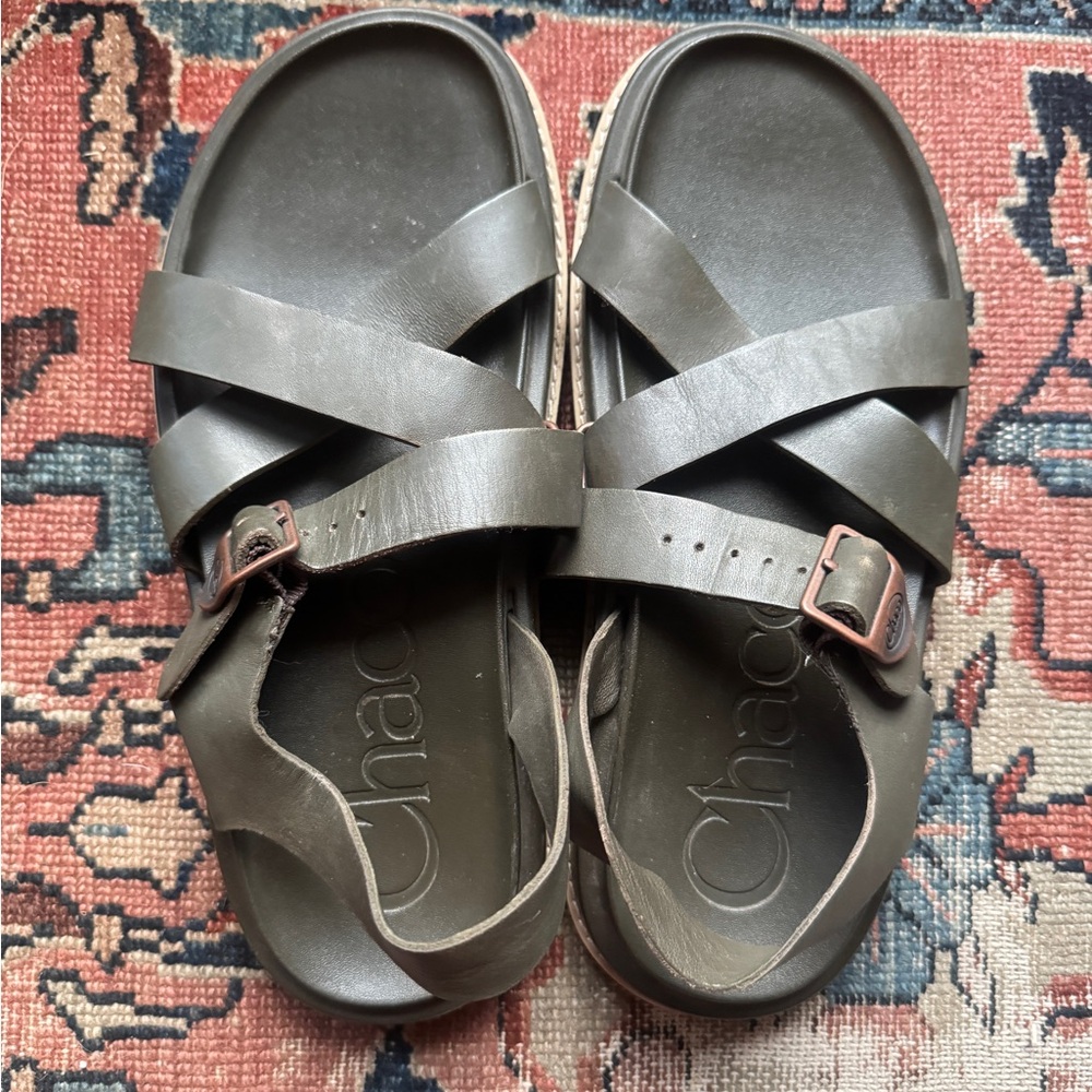Chaco Olive Brown Leather Cross-Strap Sandals
